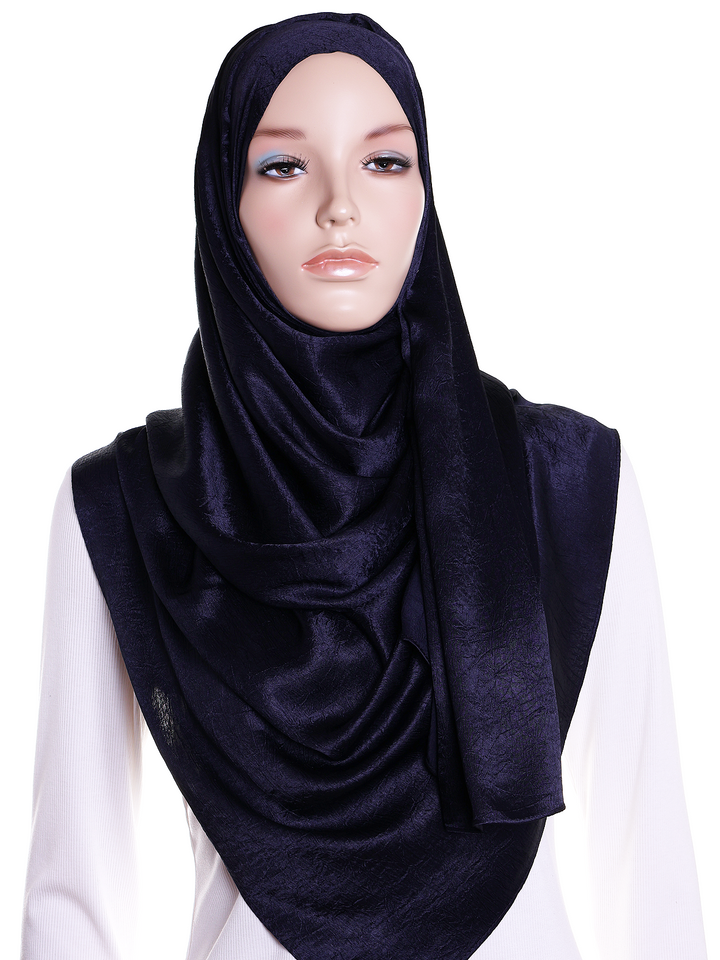 Navy Plain Crushed Satin Hijab