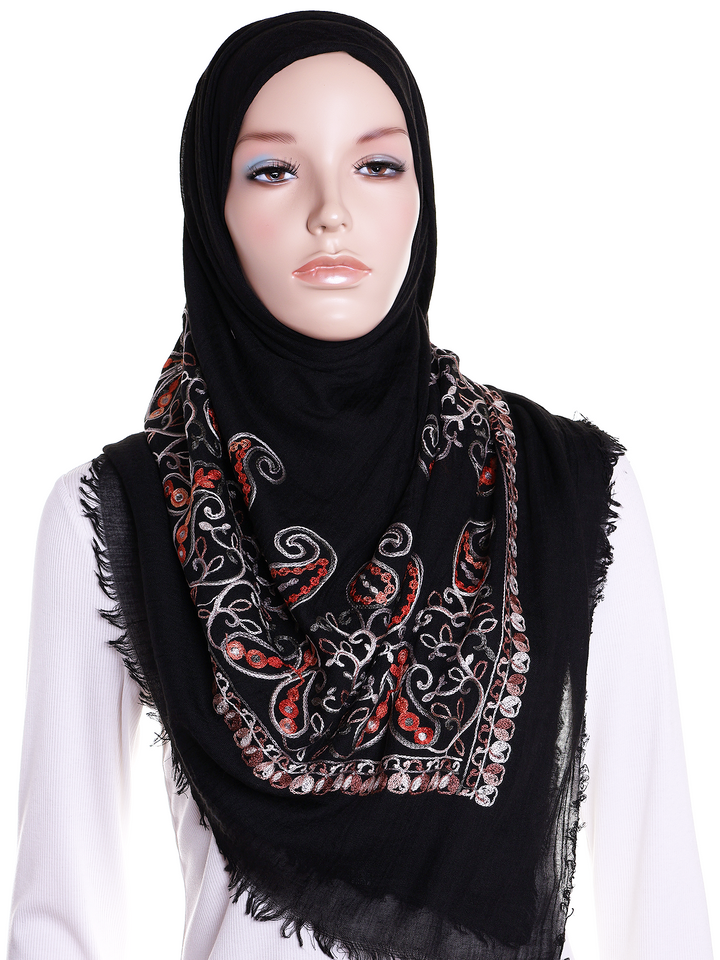 Black Paisley Embroidered Square Hijab