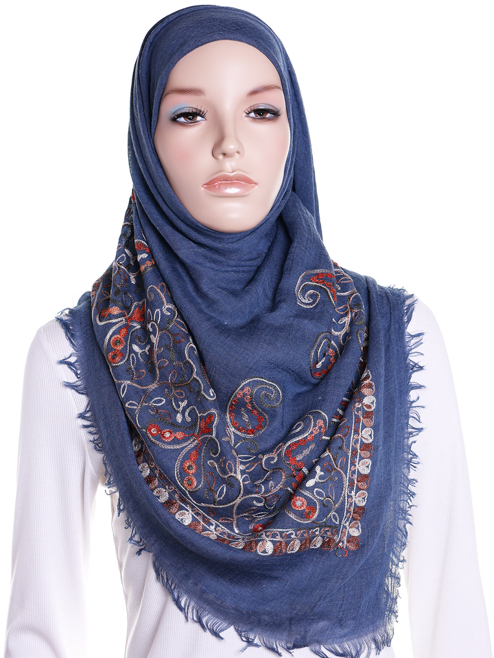 Denim Paisley Embroidered Square Hijab